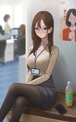  akiyama_akane black_pantyhose black_skirt blush bottle breasts bromide brown_hair brown_sweater cellphone crossed_legs feet_out_of_frame female glasses highres lanyard large_breasts looking_at_viewer office_lady original pantyhose people phone ribbed_sweater round_eyewear sitting skirt solo_focus straight_hair sweatdrop sweater yukimaru_ai 