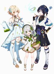  1boy 2girls :d :p adapted_costume basket blonde_hair blue_hair boots breasts choker cleavage cross-shaped_pupils cup detached_sleeves floating floating_object flower full_body genshin_impact gold_trim gradient_hair green_eyes green_neckerchief green_sailor_collar hair_flower hair_ornament hat highres holding holding_basket holding_spoon holding_teapot looking_at_viewer lumine_(genshin_impact) multicolored_hair multiple_girls nahida_(genshin_impact) neckerchief notice_lines purple_eyes sailor_collar sandals scaramouche_(genshin_impact) side_ponytail simple_background smile spoon squiggle symbol-shaped_pupils teacup teapot thigh_boots tongue tongue_out vision_(genshin_impact) wanderer_(genshin_impact) white_background white_hair yellow_eyes yodare_(3yami8) zouri 