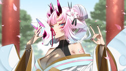  arm_tattoo bare_shoulders black_nails blue_eyes blurry blurry_background breasts cleavage commission facial_mark falling_petals female flower flower_tattoo fox_mask fox_shadow_puppet gradient_hair grey_hair hair_flower hair_ornament hexagon_print highres holding holding_mask horns indie_virtual_youtuber japanese_clothes k_(art71) kimono mask multicolored_hair off_shoulder petals pink_hair pink_horns pink_petals potari_(vtuber) see-through see-through_cleavage skeb_commission sky solo tassel tattoo torii tree twitter_username upper_body virtual_youtuber whisker_markings white_flower wide_sleeves 