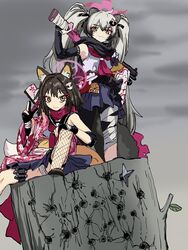  2girls :3 animal_ears bad_id bad_twitter_id bandaged_leg bandages bike_shorts black_gloves black_scarf blue_archive blue_skirt blush_stickers brown_hair bullet_hole closed_mouth colored_tips elbow_gloves elbow_pads eyeliner fox_ears fox_girl fox_tail gloves grey_hair grey_shirt gun hadanugi_dousa hair_ornament halo hand_on_own_knee hand_up highres holding holding_gun holding_weapon holster izuna_(blue_archive) japanese_clothes kimono kuji-in kunai log long_hair looking_at_viewer makeup michiru_(blue_archive) multicolored_hair multiple_girls ninja orrdriver over_shoulder overcast panties pantyshot partially_fingerless_gloves pink_halo pink_kimono pleated_skirt raccoon_ears raccoon_girl raccoon_tail red_eyeliner scarf school_uniform serafuku shirt short_kimono shotgun shuriken single_fishnet_legwear single_thighhigh sitting sitting_on_log skirt sky sleeveless sleeveless_shirt smile standing standing_on_object tail thigh_holster thighhighs twintails underwear weapon weapon_over_shoulder white_panties yellow_eyes 