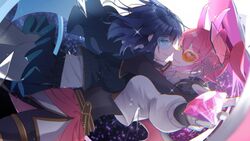  2girls blue-tinted_eyewear blue_eyes blue_hair blue_wings breasts demon_wings duel_monster evil_twin_ki-sikil evil_twin_lil-la gem gloves hat highres ki-sikil_(yu-gi-oh!) large_breasts lil-la_(yu-gi-oh!) long_hair looking_at_viewer medium_hair multiple_girls orange-tinted_eyewear pink_hair pink_wings seatail short_hair smile sunglasses tinted_eyewear wings witch_hat yu-gi-oh! 