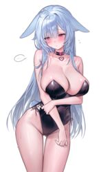  ... ahoge animal_ears armpit_crease ass_visible_through_thighs bare_arms bare_shoulders black_choker black_leotard blue_hair blush breasts bright_pupils choker cleavage closed_mouth collarbone commission cowboy_shot embarrassed female floppy_ears fymrie grey_eyes heart heart_ahoge highleg highleg_leotard highres large_breasts leotard long_hair looking_to_the_side nontraditional_playboy_bunny original rabbit_ears rabbit_tail side-tie_leotard simple_background skindentation solo spoken_ellipsis standing strapless strapless_leotard sweat tail thigh_gap thighs very_long_hair white_background 