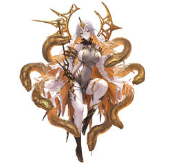  absurdres blonde_hair boots breasts commentary_request covered_navel female fire_emblem fire_emblem_heroes forehead_jewel full_body gem gold_trim gradient_hair grey_hair gullveig_(fire_emblem) head_tilt high_heels highres horns huge_breasts leotard long_hair long_sleeves looking_at_viewer multicolored_hair official_art pale_skin parted_bangs parted_lips shiny_skin single_horn smile snake snake_hair solo thick_thighs thighs torn_clothes two-tone_hair wand white_background wide_sleeves yellow_eyes yoshiku_(oden-usagi) 