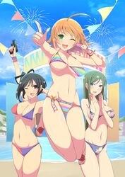  3girls aerial_fireworks aria_(senran_kagura) beach bikini breasts clapping fireworks flare_gun fuga_(senran_kagura) highres kosuzu_(senran_kagura) large_breasts linea_alba multiple_girls one_eye_closed outdoors senran_kagura striped_bikini striped_clothes swimsuit yaegashi_nan 