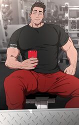  1boy balnom bara blush brown_hair bulge ear_piercing fang_out gym highres holding holding_phone large_pectorals looking_at_viewer male_focus mature_male muscular muscular_male oerba_yun_fang on_bench original pants pectorals phone photo_background piercing red_pants selfie shirt short_hair sitting smile solo spread_legs t-shirt thick_eyebrows thick_thighs thighs 