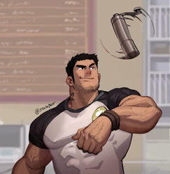  1boy bara barista beard_stubble black_hair cafe coffee_grinder covered_abs covered_nipples employee_uniform facial_hair head_tilt highres huge_eyebrows large_hands large_pectorals lucas_lee male_focus menu_board midair muscular muscular_male neck_tattoo number_tattoo pectorals scott_pilgrim_(series) scott_pilgrim_takes_off shirt short_hair short_sleeves smear_frame smile solo speed_lines stubble suck-nis t-shirt tattoo thick_neck tight_clothes tight_shirt uniform upper_body veins veiny_arms veiny_hands 