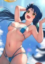  arm_up armpits beach_volleyball bikini blush breasts breasts_apart c_(theta) commentary_request female green_hair halterneck highres idolmaster idolmaster_million_live! kitakami_reika long_hair medium_breasts multicolored_bikini multicolored_clothes navel outdoors skindentation smile solo spiking stomach string_bikini swimsuit twintails very_long_hair yellow_eyes 