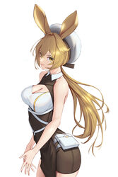  animal_ears arknights bare_shoulders bike_shorts blonde_hair bowlp breasts cleavage cleavage_cutout clothing_cutout cowboy_shot dorothy_(arknights) female green_eyes highres long_hair low_ponytail mouse_ears mouse_girl own_hands_together sleeveless white_background white_headwear yellow_eyes 