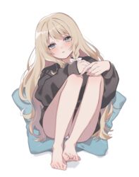  alternate_costume ass barefoot black_shirt blonde_hair blue_eyes blush braid feet female kirisame_marisa long_hair long_sleeves looking_at_viewer panties parted_lips shirt simple_background single_braid soles solo touhou touya_(konpekitou) underwear white_background white_panties 