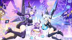  3girls benghuai_xueyuan black_heart_(neptunia) black_leotard blue_eyes boots breasts choujigen_game_neptune cleavage covered_navel crossover dogoo ferris_wheel fireworks full_body gloves hair_between_eyes high_heel_boots high_heels highres holding holding_wand homu_(honkai_impact) honkai_(series) leotard long_hair magical_girl multiple_girls neptune_(series) night official_art open_mouth purple_hair purple_heart_(neptunia) resized sirin symbol-shaped_pupils third-party_source wand white_hair yellow_eyes 