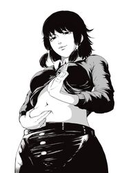  chainsaw_man cropped_shirt female greyscale hand_on_own_stomach highres midriff mifune_fumiko monochrome namako_(rikina_kazuhisa) navel pants pinching solo stomach 