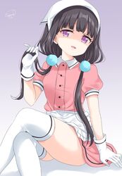  apron arm_support black_hair blend_s blunt_bangs crossed_legs dot_nose female frilled_apron frills gloves gradient_background grey_background hair_ornament highres holding_own_hair invisible_chair long_hair low_twintails nice_knee_socks_day open_mouth pink_shirt pink_skirt pom_pom_(clothes) pom_pom_hair_ornament puffy_short_sleeves puffy_sleeves purple_eyes sakuranomiya_maika shaded_face shirt short_sleeves signature simple_background sitting skirt solo stile_uniform sugutsuka_rerun thighhighs thighs twintails waist_apron white_apron white_background white_gloves white_headwear white_thighhighs 