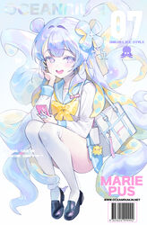  :d absurdres bag blue_eyes blue_hair blue_sailor_collar blue_sky bow bowtie female full_body hair_bun highres holding holding_phone loafers long_hair long_sleeves miniskirt original phone pleated_skirt sailor_collar school_uniform serafuku shirt shoes shoulder_bag skirt sky smile solo soyoong_jun squatting symbol-shaped_pupils tentacle tentacle_hair thighhighs very_long_hair white_shirt white_thighhighs x-shaped_pupils yellow_bow yellow_bowtie 