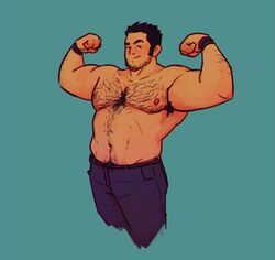  1boy alternate_muscle_size aqua_background arm_hair armpit_hair armpit_hair_peek bara beard_stubble black_hair bleu_(blueinnor) chest_hair cropped_legs denim double_biceps_pose excessive_armpit_hair facial_hair flexing hairy highres jeans large_pectorals looking_at_viewer lucas_lee male_focus muscular muscular_male navel navel_hair nipples pants pectorals plump scott_pilgrim_(series) scott_pilgrim_takes_off seductive_smile short_hair sideways_glance sideways_mouth smile solo sparse_arm_hair strongman_waist stubble thick_chest_hair thick_eyebrows topless_male 