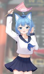  :d ahoge alternate_costume alternate_hairstyle animal_ear_fluff animal_ears arm_up bespectacled black_sailor_collar black_skirt blue_bow blue_eyes blue_hair blue_neckerchief blurry blurry_background blush bow breasts commentary_request cowboy_shot crop_top dog_ears dog_girl female flag glasses hair_ornament hairbow hairclip high_ponytail highres holding holding_flag k_(ve_do_9k) long_sleeves looking_at_viewer medium_bangs medium_breasts midriff miniskirt nanashi_inc. navel neckerchief open_mouth pleated_skirt round_eyewear sailor_collar school_uniform serafuku shirt short_hair skirt smile solo souya_ichika teeth upper_teeth_only virtual_youtuber white_shirt yellow-framed_eyewear 