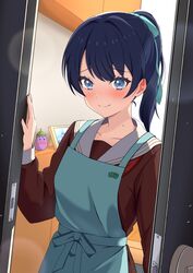  absurdres alternate_hairstyle apron blue_apron blue_eyes blue_hair blush brown_dress closed_mouth collarbone commentary dark_blue_hair doorway dress ear_blush female furrowed_brow hasu_no_sora_school_uniform highres link!_like!_love_live! long_hair long_sleeves looking_at_viewer love_live! mole mole_on_neck murano_sayaka ponytail school_uniform solo upper_body winter_uniform zanpon 