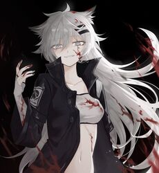  animal_ears arknights bandeau black_background black_jacket black_nails blood blood_in_hair blood_on_clothes blood_on_face blood_on_hands collarbone commentary_request crop_top evil_grin evil_smile eyes_visible_through_hair female film_grain fingernails grey_bandeau grey_eyes grey_hair grin hair_between_eyes hair_ornament hairclip hand_up high_collar itonatsu jacket lappland_(arknights) long_hair long_sleeves looking_at_viewer messy_hair nail_polish navel open_clothes open_jacket scar scar_across_eye slit_pupils smile solo upper_body wide_sleeves wolf_ears wolf_girl 