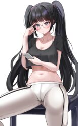  absurdres adjusting_eyewear blush breasts cameltoe cleavage collarbone commission cropped_shirt female grey_eyes highres holding holding_phone large_breasts long_hair navel original pants phone simple_background solo spread_legs stomach suisen_(suisenhwa) sweatdrop twintails white_background white_pants 