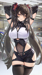  alternate_breast_size alternate_costume armpits arms_behind_head arms_up black_hair black_leotard black_shorts black_thighhighs blush breasts catsmoon cleavage cleavage_cutout closed_mouth clothing_cutout commentary cowboy_shot female genshin_impact hair_ornament highleg highleg_leotard highres hu_tao_(genshin_impact) large_breasts leotard long_hair looking_at_viewer red_eyes see-through shorts signature skindentation smile solo symbol-shaped_pupils thighhighs thighs twintails 