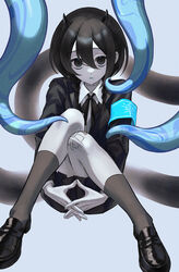  absurdres armband black_eyes black_footwear black_hair black_jacket black_ribbon black_skirt black_socks blazer blue_armband blue_tongue braid colored_tongue commentary_request female gauze_on_knee grey_background hair_between_eyes hair_over_shoulder happa_de_happy highres horns indie_virtual_youtuber jacket kneehighs knees_together_feet_apart knees_up loafers long_hair long_sleeves looking_at_viewer low_twin_braids neck_ribbon open_mouth own_hands_together pale_skin raised_eyebrows ribbon ringed_eyes shoes simple_background sitting skirt socks solo stitched_neck stitches tentacle twin_braids virtual_youtuber yamata_ia 