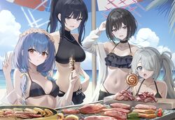  4girls :t alternate_costume arius_squad_(blue_archive) atsuko_(blue_archive) beach beach_umbrella bikini black_bikini black_hair blue_archive blue_eyes blue_halo blue_sky blunt_bangs blush bow breasts brown_hair closed_mouth cloud cloudy_sky collarbone commentary_request cooking eating food frilled_bikini frilled_bikini_top frills grey_eyes grey_hair grilling hair_between_eyes hair_intakes hair_over_one_eye hairbow halo halterneck head_wreath highleg highleg_panties highres hiyori_(blue_archive) looking_at_viewer low_twintails meat medium_breasts midriff misaki_(blue_archive) multiple_girls navel ocean off_shoulder open_clothes open_mouth open_shirt outdoors panties parted_bangs ponytail purple_hair red_eyes red_halo ryouta_(ryouta335) saori_(blue_archive) see-through see-through_shirt shirt short_hair sky small_breasts stomach swimsuit twintails umbrella underwear white_halo white_shirt yellow_bow 