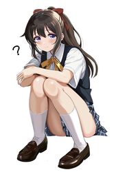  ? black_footwear black_jacket blue_eyes blue_skirt brown_hair closed_mouth female highres jacket kneehighs loafers looking_at_viewer love_live! love_live!_nijigasaki_high_school_idol_club nijigasaki_school_uniform osaka_shizuku plaid plaid_skirt school_uniform shirt shoes skirt socks solo spoken_question_mark squatting thighs white_background white_shirt white_socks zaofeng 