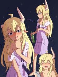  2022 :d ahoge bare_shoulders black_background blonde_hair blush bottle can closed_eyes collarbone commentary dark-skinned_female dark_skin dated_commentary demon_girl demon_horns demon_tail dress drunk female flat_chest foot_out_of_frame grey_eyes hand_up head_tilt highres holding holding_bottle holding_can horns lilith_(machikado_mazoku) long_hair looking_at_viewer machikado_mazoku multiple_views nose_blush oerba_yun_fang off_shoulder open_mouth pointy_ears profile purple_dress sake_bottle seductive_smile sidelocks simple_background skin_fang sleeveless sleeveless_dress smile tail tsurime wavy_hair yunoppi 