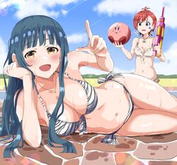  2girls absurdres animal_print bikini blue_eyes blue_hair breasts cleavage collarbone commentary_request facial_mark haruki_(haruki678) highres holding holding_water_gun idolmaster idolmaster_million_live! jewelry julia_(idolmaster) kirby kirby_(series) kitakami_reika large_breasts long_hair looking_at_viewer lying medium_breasts multiple_girls navel necklace on_side open_mouth print_bikini red_hair short_hair smile star_(symbol) stomach swimsuit water_gun white_bikini zebra_print 