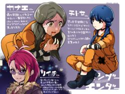  3girls all_fours animal_print arm_rest black_choker black_footwear black_jacket blonde_hair blue_hair boots choker commentary_request expressionless gloom_(expression) green_eyes grin handa_roco idolmaster idolmaster_million_live! idolmaster_million_live!_theater_days jacket kitakami_reika leopard_print light_brown_hair long_hair looking_at_viewer low_twintails maihama_ayumu multicolored_hair multiple_girls nakaya_106 orange_overalls overalls parted_lips pink_hair ponytail prison_clothes purple-tinted_eyewear purple_background saliva single_sidelock sitting smile striped_sleeves sunglasses sweat tearing_up tinted_eyewear translation_request twintails two-tone_hair v-shaped_eyebrows yellow_eyes 