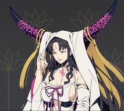  artist_name black_hair black_horns breasts chest_tattoo cleavage closed_mouth commentary commission detached_sleeves dress facial_mark fate/extra fate/extra_ccc fate/grand_order fate_(series) female forehead_mark grey_background hand_up horn_ornament horn_ring horns large_breasts light_smile lips long_hair long_sleeves looking_afar looking_down miya_hellride mudra multicolored_horns parted_bangs pink_horns pink_ribbon ribbon sessyoin_kiara sideboob solo tassel tattoo upper_body vitarka_mudra white_dress white_veil wide_sleeves yellow_eyes 