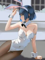  animal_ears black_bow black_bowtie blue_hair bocchi_the_rock! bow bowtie breasts cleavage closed_mouth covered_navel danraz0r detached_collar facing_viewer fake_animal_ears female fishnet_pantyhose fishnets hairband highres leotard looking_to_the_side medium_breasts mole mole_under_eye pantyhose playboy_bunny rabbit_ears short_hair solo white_leotard wrist_cuffs yamada_ryo yellow_eyes 