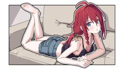  ahoge animal_on_shoulder barefoot black_camisole blue_eyes braid burn_scar camisole chipmunk couch crossed_ankles denim denim_shorts elbow_rest feet feet_up female highres kazuuchi_ataru legs looking_at_viewer low_ponytail lying on_couch on_shoulder on_stomach outline outside_border red_hair scar scar_on_breasts scar_on_chest shinsougumi shorts single_braid soles solo spaghetti_strap squirrel tamaya the_pose toes virtual_youtuber white_outline 