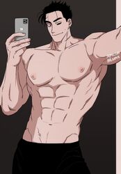  1boy abs balnom bara black_hair highres holding holding_phone large_pectorals looking_at_viewer loose_hair_strand male_focus mature_male muscular muscular_male navel nipples one_eye_closed original outstretched_arm pants pectorals phone seductive_smile selfie short_hair smile solo stomach thick_eyebrows topless_male v-taper veiny_crotch 