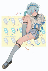  1boy androgynous bandaid bandaid_on_leg belt black_bow black_bowtie black_footwear blue_eyes blue_hair blue_nails blue_ribbon blush bow bowtie chin_strap chongyun_(genshin_impact) closed_mouth colored_eyelashes commentary_request cross-laced_clothes cross-laced_shorts cross-laced_top food food-themed_background frilled_hairband frills frown full_body genshin_impact hair_between_eyes hairband hands_up highres holding holding_food invisible_chair knee_up kneehighs kodona layered_sleeves legwear_garter lolita_fashion long_sleeves looking_at_viewer male_focus nail_polish nakura_hakuto outside_border outstretched_leg plaid_hairband popsicle puffy_long_sleeves puffy_sleeves ribbon shirt shirt_tucked_in shoes short_hair short_over_long_sleeves short_sleeves shorts sitting slit_pupils socks solo white_background white_shirt 