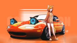  absurdres animal_ear_fluff animal_ears blush breasts car commission drawstring female fox_ears fox_girl fox_tail highres hood hood_up hoodie looking_at_viewer mazda mazda_mx-5 mazda_mx-5_na medium_breasts mizzterbii motor_vehicle no_pants orange_background orange_footwear orange_hair orange_hoodie pop-up_headlights senko_(sewayaki_kitsune_no_senko-san) sewayaki_kitsune_no_senko-san shoes signature smile sneakers solo sports_car tail vehicle_focus watermark 