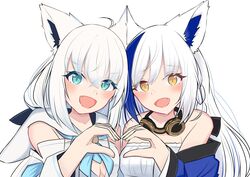  2girls :d absurdres ahoge animal_ear_fluff animal_ears aomiya_yozuri aqua_eyes bare_shoulders blue_hair blue_kimono blue_neckerchief blush braid breasts cat_ears cat_girl color_connection commentary_request creator_connection dress ear-to-ear fox_ears fox_girl goggles goggles_around_neck hair_between_eyes hair_color_connection heart heart_hands heart_hands_duo highres hololive hood hooded_vest hoodie japanese_clothes kimono long_hair looking_at_viewer medium_breasts morishi2000 multicolored_hair multiple_girls neckerchief oerba_yun_fang open_mouth shirakami_fubuki shirakami_fubuki_(1st_costume) sidelocks simple_background smile strapless streaked_hair vee_(vtuber) vest virtual_youtuber white_background white_dress white_hair white_sleeves yellow_eyes 