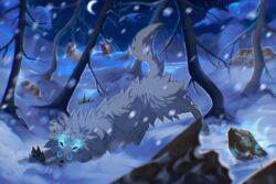  art2023 canid canine canis cloud feral glowing glowing_eyes hati_(mythology) hi_res iki landscape landscape_background light male mammal marmenuar moon moonlight mountain night plant rock skoll_(wolf-skoll) snow solo tree winter wolf 