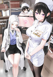  3girls black_hair black_skirt blue_shirt blush bookshelf breasts brown_pantyhose choker coat collared_dress computer desk dress green_eyes hat highres indoors kfr large_breasts long_hair long_sleeves looking_at_viewer monitor multiple_girls nurse nurse_cap open_clothes open_coat original pantyhose parted_bangs pencil_skirt purple_eyes shirt short_dress short_hair short_sleeves sitting skirt smile stethoscope swivel_chair white_coat white_dress white_hair white_headwear yellow_eyes 