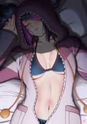  black_bra black_hair black_nails black_panties bra breasts cosplay drooling female finalcake hair_over_one_eye hair_through_hood highres hood hood_up juri_han multicolored_hair navel official_alternate_costume onesie open_pajamas pajamas panties panty_peek parted_lips pink_pajamas purple_hair saliva sleeping solo stomach streaked_hair street_fighter street_fighter_6 twintails underwear upper_body 