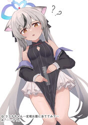  ? absurdres animal_ears black_dress blue_archive blue_halo blush breasts commentary_request confused dress feet_out_of_frame female gachiz_sun grey_hair hair_between_eyes halo highres kokona_(blue_archive) long_hair looking_at_viewer open_mouth penis_measuring simple_background sleeveless sleeveless_dress small_breasts solo striped_clothes striped_dress tiger_ears translation_request vertical-striped_clothes vertical-striped_dress white_background yellow_eyes 