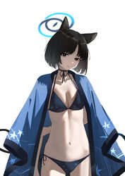  absurdres animal_ears arm_behind_back bikini black_bikini black_choker black_hair blue_archive blue_halo bob_cut breasts cat_ears cat_girl cat_tail choker closed_mouth collarbone commentary_request female halo haori highres hitomi_(tongshou) japanese_clothes kikyou_(blue_archive) looking_at_viewer medium_breasts multiple_tails navel ribbon_choker side-tie_bikini_bottom simple_background smile solo swimsuit tail white_background 