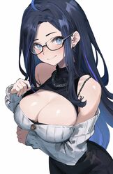  ahoge arm_under_breasts black-framed_eyewear black_hair black_shirt blue_eyes blue_hair blush breasts chains cleavage cleavage_cutout clothing_cutout colored_inner_hair cropped_shirt earrings female glasses grey_sweater highres jewelry kson kson_(6th_costume) large_breasts long_hair multicolored_hair shirt single_earring sleeveless sleeveless_shirt smile streaked_hair sweater virtual_youtuber vshojo y_uunaa 