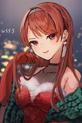  artist_name black_choker choker dress earrings elbow_gloves female fur-trimmed_dress fur_trim gloves grey_hairband hairband jewelry kantai_collection long_hair looking_at_viewer nevada_(kancolle) official_alternate_costume open_mouth red_dress red_eyes red_gloves red_hair signature smile solo upper_body wss_(nicoseiga19993411) 