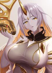  animal bodysuit breasts female fire_emblem fire_emblem_heroes forehead_jewel giant_snake gold_horns gold_trim grey_bodysuit gullveig_(fire_emblem) highres horns large_breasts matoimangekyo oversized_animal pale_skin single_horn snake snake_hair white_hair yellow_eyes yellow_horns 