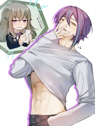  1boy black_pants blue_hair clothes_lift covering_own_mouth female guilty_challenge_(meme) hand_over_own_mouth highres kamishiro_rui kusanagi_nene male_focus meme multicolored_hair navel p4p1on pants project_sekai purple_hair shirt shirt_lift short_hair stomach toned toned_male white_shirt yellow_eyes 