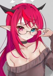  alternate_costume black-framed_eyewear black_choker blue_eyes breasts choker double_halo female glasses grey_background grey_sweater halo heterochromia highres hololive hololive_english horns irys_(hololive) long_hair looking_at_viewer medium_breasts multicolored_hair pointy_ears purple_hair red_eyes red_hair rifufu simple_background solo star_halo sweater two-tone_hair upper_body very_long_hair virtual_youtuber 