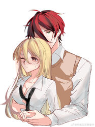  1boy bai_chenxiang_(douluo_dalu) black_necktie blonde_hair blush breasts brown_sweater_vest chinese_commentary cleavage closed_mouth collarbone collared_shirt commentary_request cropped_torso douluo_dalu female green_eyes hair_between_eyes highres hug large_breasts long_hair long_sleeves looking_down loose_necktie ma_hongjun_(douluo_dalu) necktie one_eye_closed red_hair shirt short_hair simple_background sweat sweater_vest upper_body white_background white_shirt ye_xu_zhengzai_yanglao_zhong 