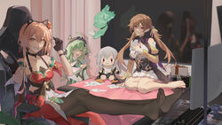  3girls absurdres ahoge animal_ear_headphones animal_ears bare_shoulders barefoot black_gloves black_headwear breasts brown_eyes brown_hair card cat_ear_headphones chair character_doll chinese_clothes comet_(user_fjsa4577) computer_keyboard detached_sleeves dress fake_animal_ears feet feet_on_table fox_ears fox_girl gaming_chair gloves green_eyes green_hair guinaifen_(honkai:_star_rail) hair_between_eyes hair_ornament hands_up hat headphones highres honkai:_star_rail honkai_(series) huohuo_(honkai:_star_rail) indoors large_breasts long_hair long_sleeves looking_at_viewer multiple_girls on_bed orange_hair pantyhose paw-shaped_pupils playing_card ponytail red_dress scared smile stelle_(honkai:_star_rail) sushang_(honkai:_star_rail) swivel_chair symbol-shaped_pupils trailblazer_(honkai:_star_rail) twintails v yellow_eyes yin_yang_hair_ornament 