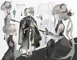  arm_tattoo back_cutout bare_arms bare_shoulders black_coat black_dress blue_eyes breasts bun_cover china_dress chinese_clothes closed_mouth clothing_cutout coat coat_on_shoulders desert_eagle double_bun dress female from_behind grey_hair gun hair_bun handgun highres holding holding_weapon horns long_hair multiple_views original shoes sitting sleeveless sleeveless_dress small_breasts snake_tail soyoong_jun tail tail_through_clothes tattoo thighhighs translation_request very_long_hair weapon white_thighhighs 