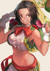  abs alternate_hair_length alternate_hairstyle black_hair bow bowtie breasts brown_eyes club_(weapon) commentary female flower hair_flower hair_ornament hat hat_on_back hinoru_saikusa lily_hawk mexican_clothes midriff navel official_alternate_costume official_alternate_hairstyle pogamoggan red_bow red_bowtie sleeveless smile solo sombrero stomach street_fighter street_fighter_6 toned vest weapon 